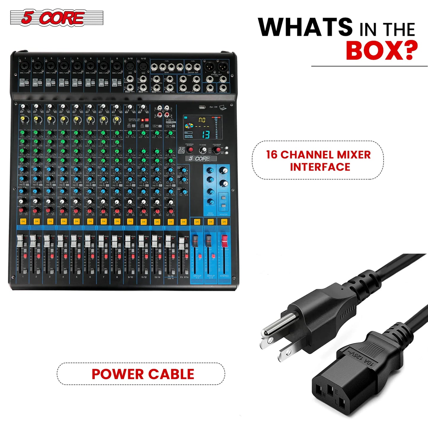 5Core Audio DJ Mixer 16 Channel Sound Board Console W 24 SPX Effect 48V Phantom Power