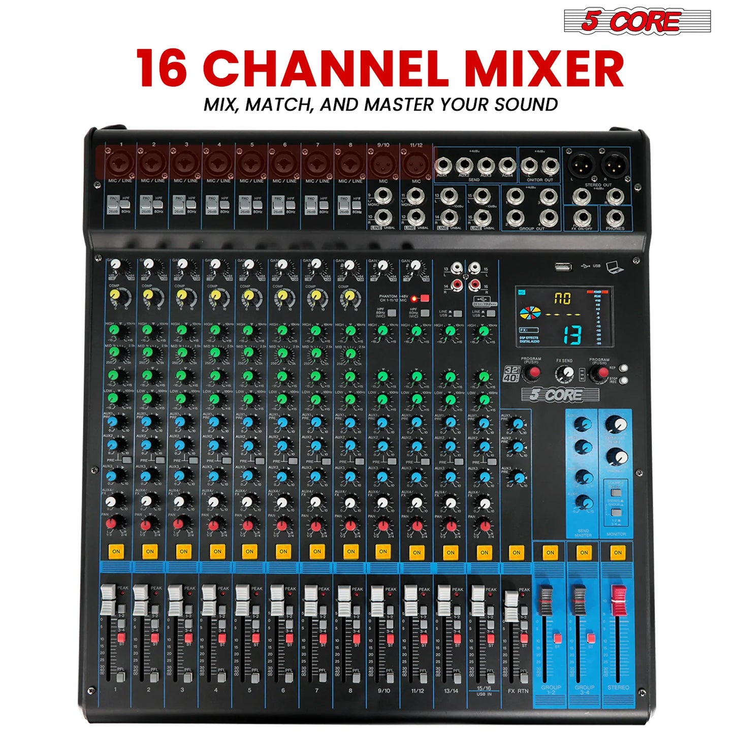 5Core Audio DJ Mixer 16 Channel Sound Board Console W 24 SPX Effect 48V Phantom Power