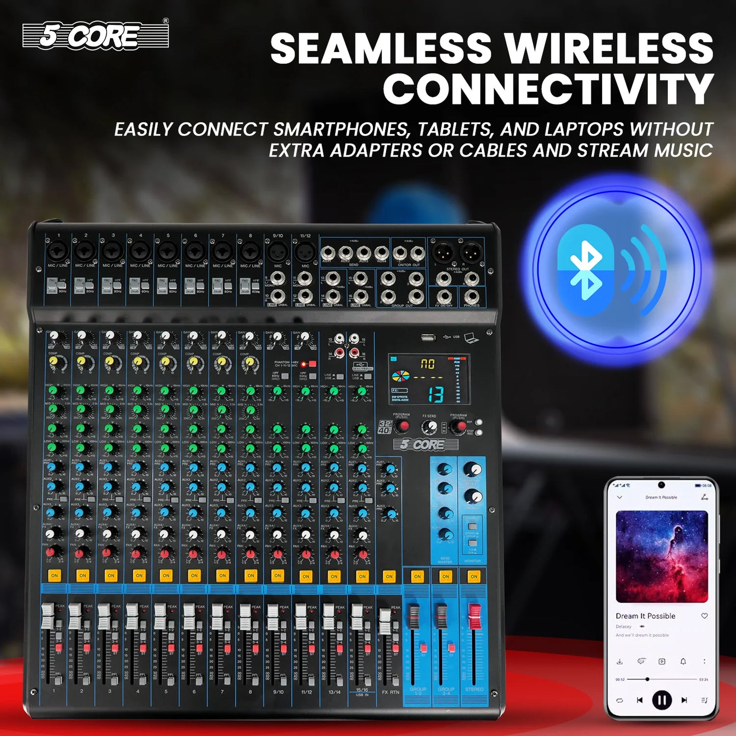 5Core Audio DJ Mixer 16 Channel Sound Board Console W 24 SPX Effect 48V Phantom Power