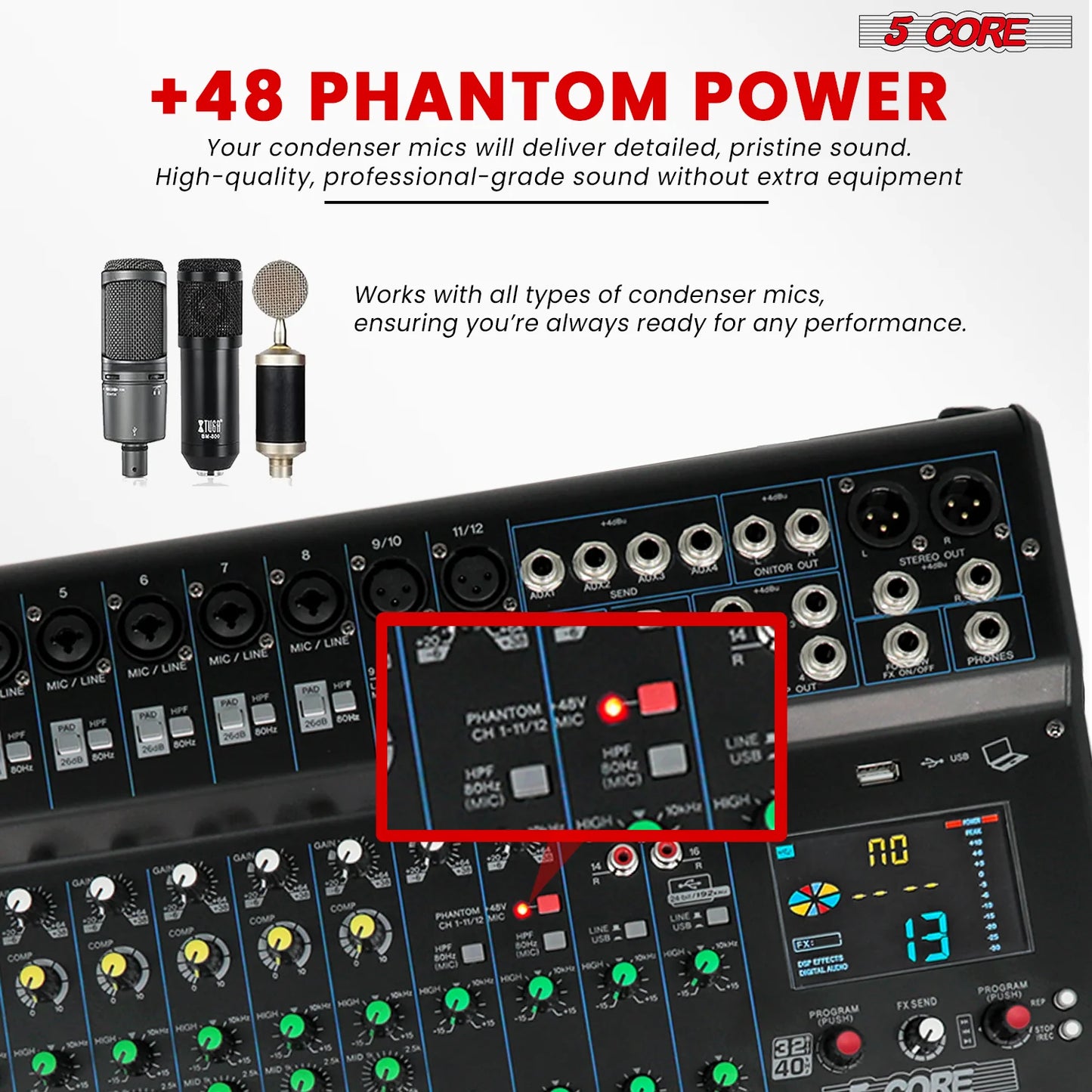5Core Audio DJ Mixer 16 Channel Sound Board Console W 24 SPX Effect 48V Phantom Power