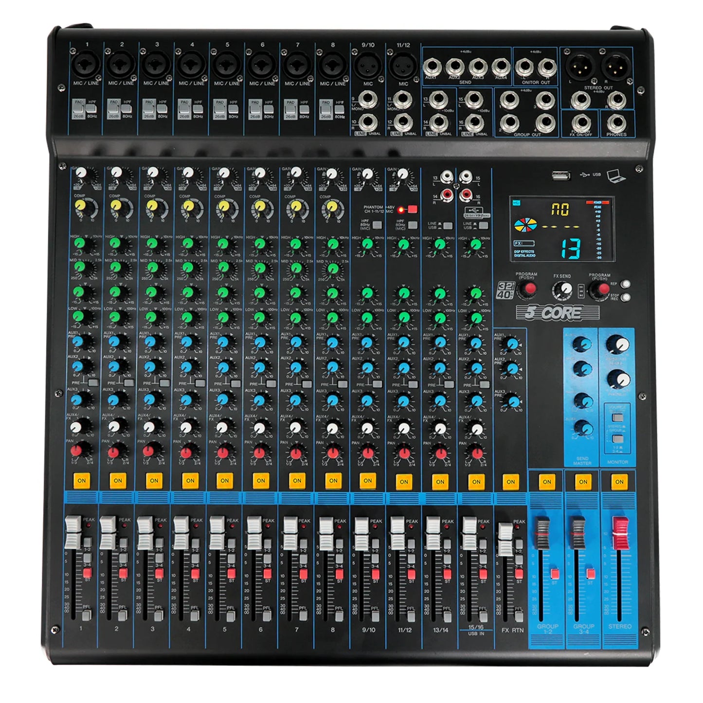 5Core Audio DJ Mixer 16 Channel Sound Board Console W 24 SPX Effect 48V Phantom Power