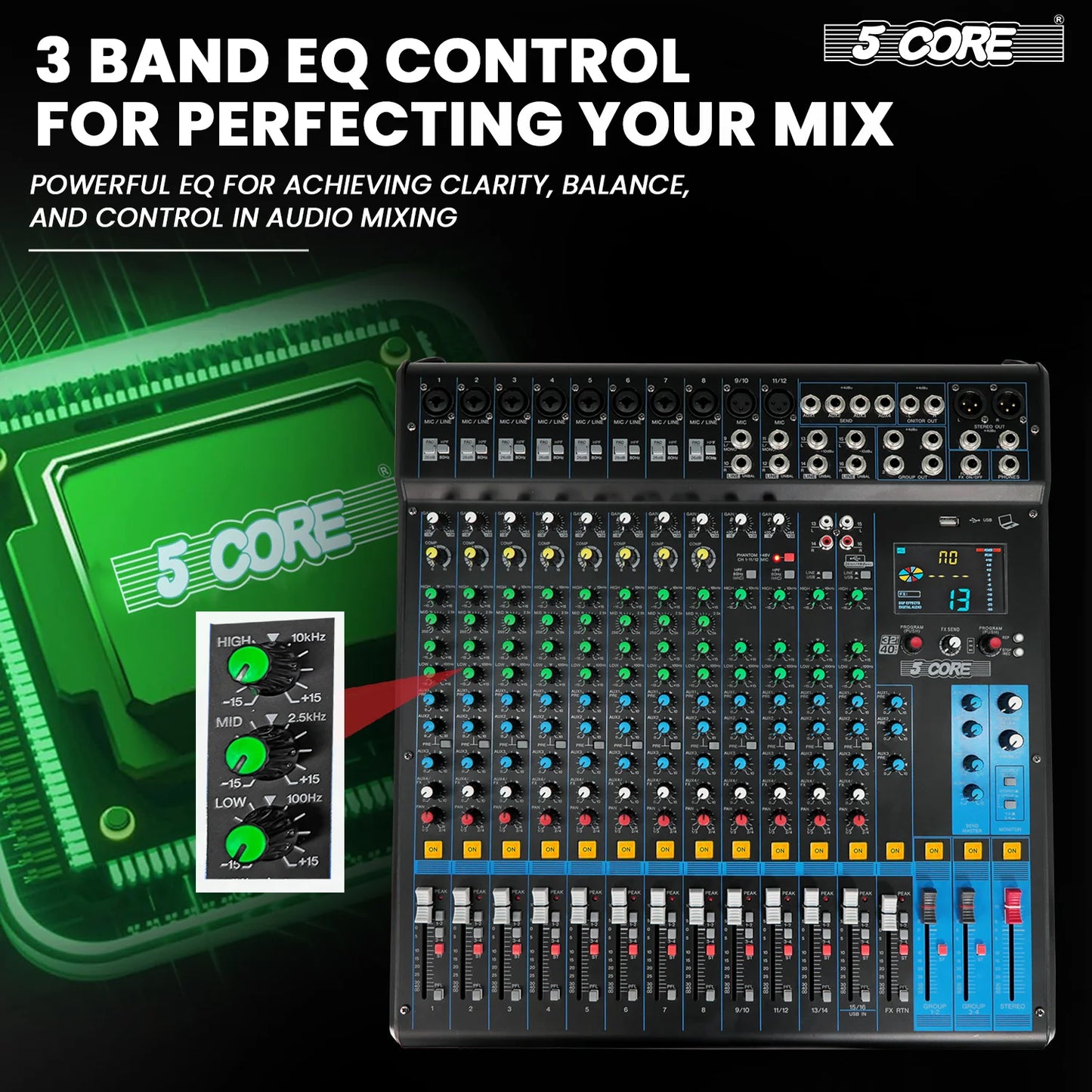 5Core Audio DJ Mixer 16 Channel Sound Board Console W 24 SPX Effect 48V Phantom Power