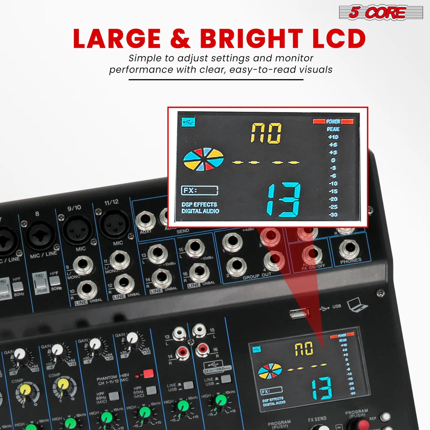 5Core Audio DJ Mixer 16 Channel Sound Board Console W 24 SPX Effect 48V Phantom Power