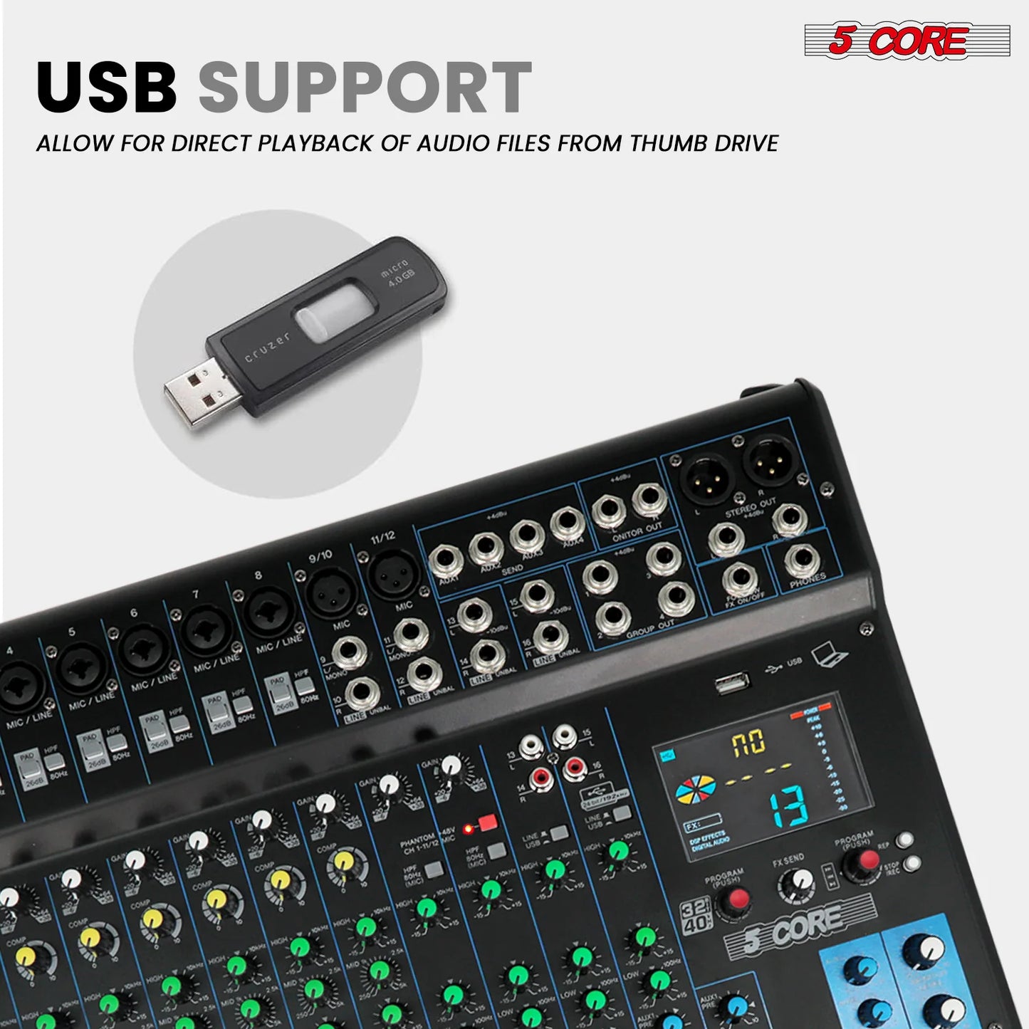 5Core Audio DJ Mixer 16 Channel Sound Board Console W 24 SPX Effect 48V Phantom Power