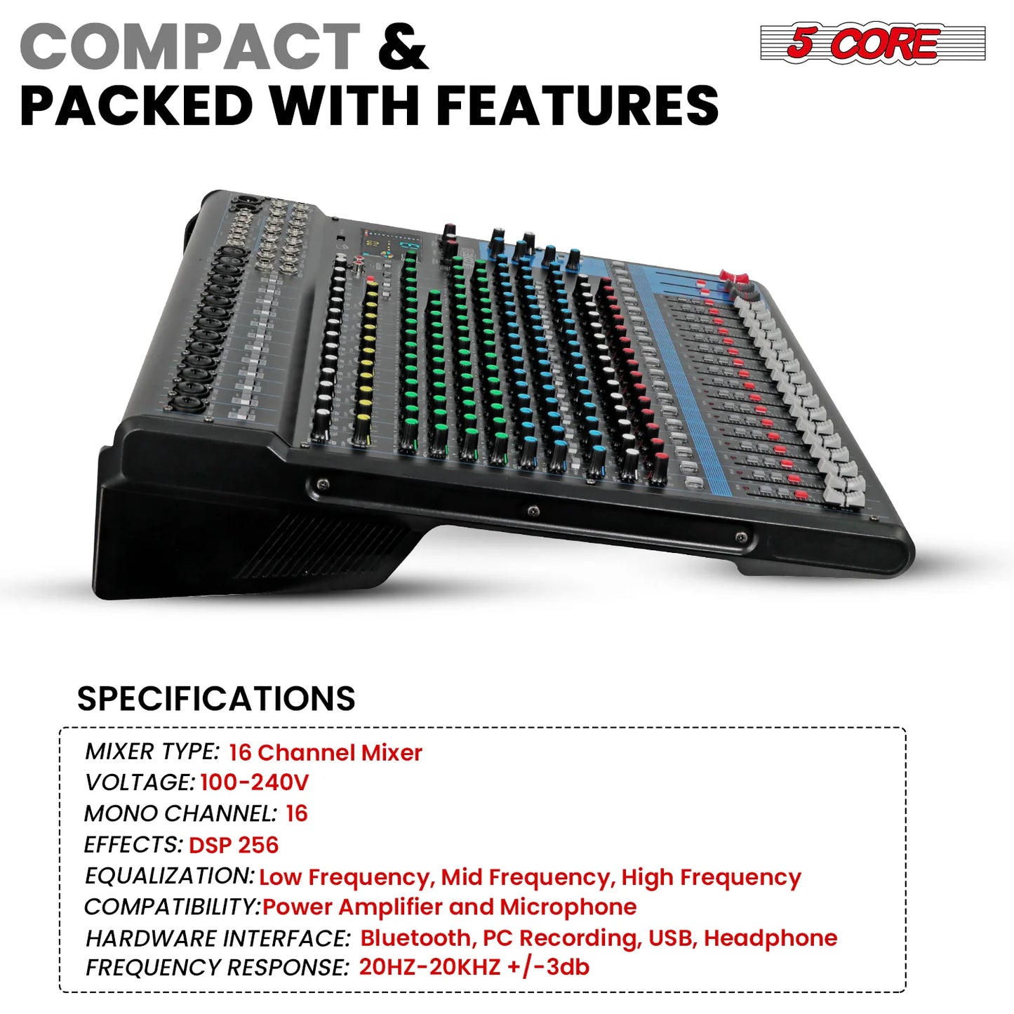 5Core Audio DJ Mixer 16 Channel Sound Board Console W 24 SPX Effect 48V Phantom Power