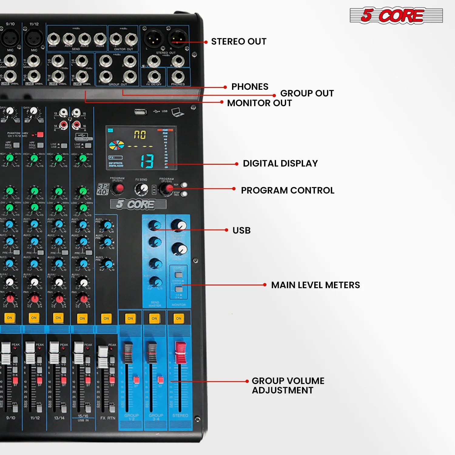 5Core Audio DJ Mixer 16 Channel Sound Board Console W 24 SPX Effect 48V Phantom Power