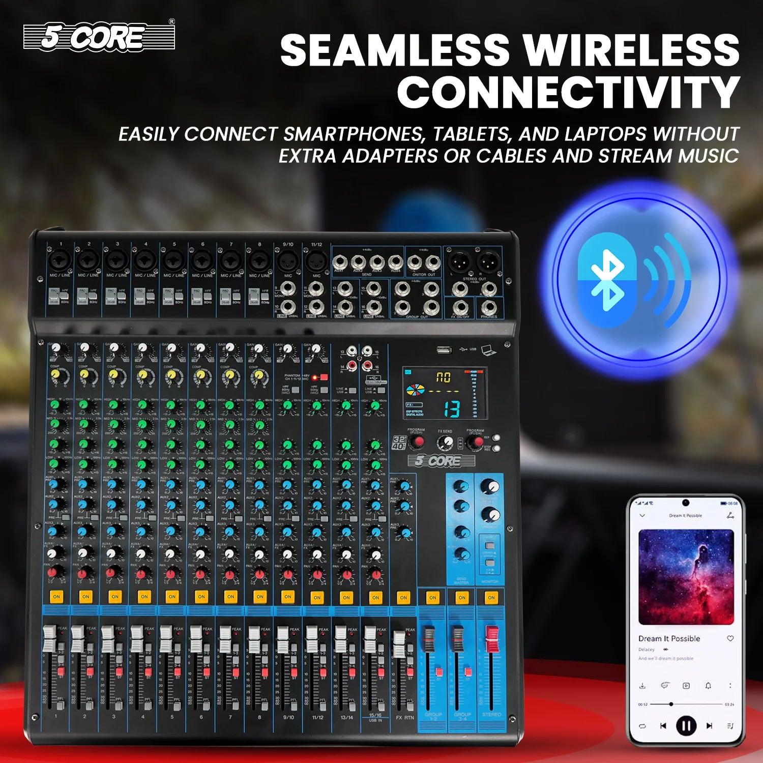 5Core Audio DJ Mixer 16 Channel Sound Board Console W 24 SPX Effect 48V Phantom Power