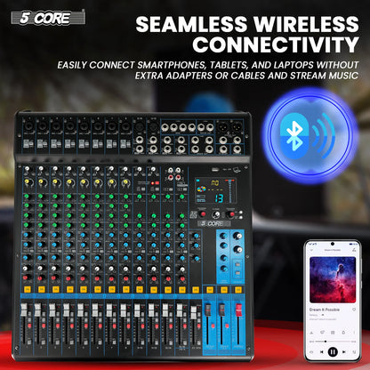 5Core Audio DJ Mixer 16 Channel Sound Board Console W 24 SPX Effect 48V Phantom Power