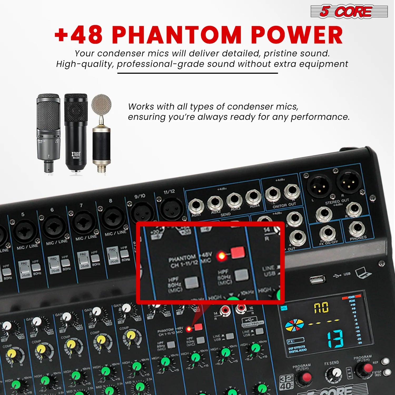 5Core Audio DJ Mixer 16 Channel Sound Board Console W 24 SPX Effect 48V Phantom Power