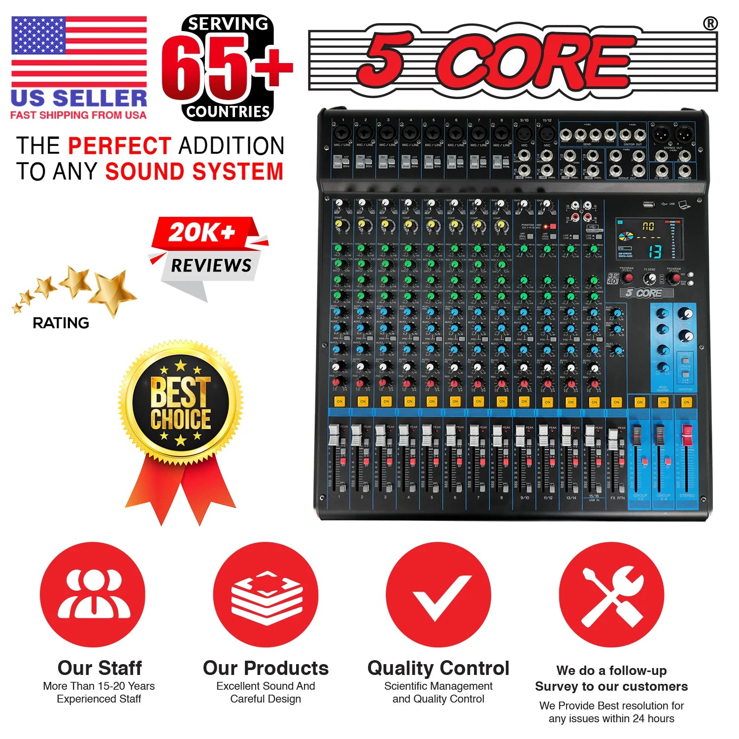 5Core Audio DJ Mixer 16 Channel Sound Board Console W 24 SPX Effect 48V Phantom Power