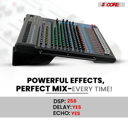 5Core Audio DJ Mixer 16 Channel Sound Board Console W 24 SPX Effect 48V Phantom Power
