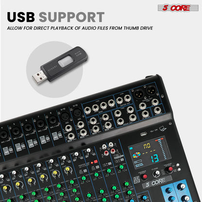 5Core Audio DJ Mixer 16 Channel Sound Board Console W 24 SPX Effect 48V Phantom Power